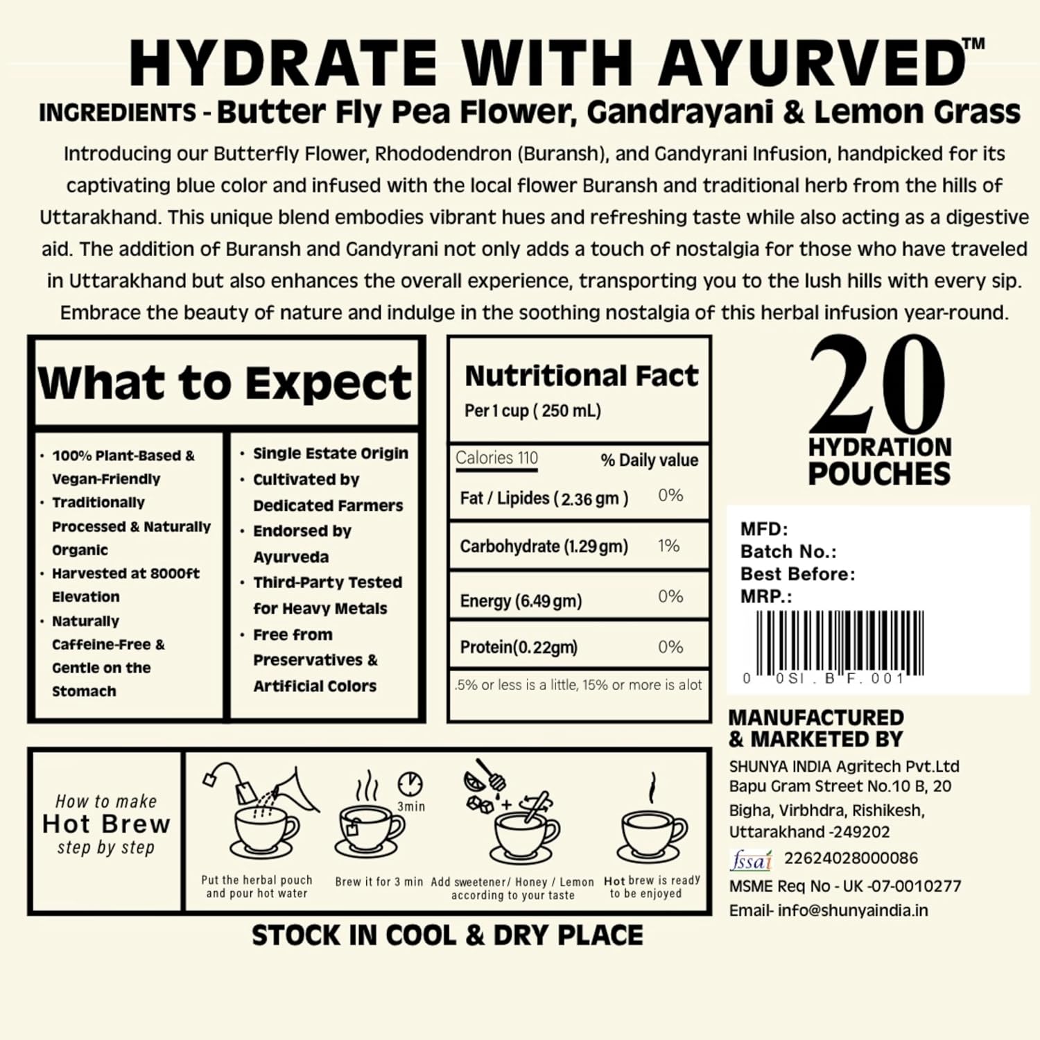 Shunya India® Butterfly Pea/Blue Pea Tea Tisane (20 Tea Bags, 3g Each) - Herbal Infusion Tea Tisane Natural Antioxidant, Support Immunity, Caffeine Free